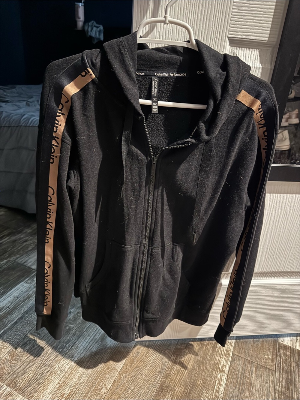 Calvin Klein Black Zip Hoodie with Tan Logo Tape